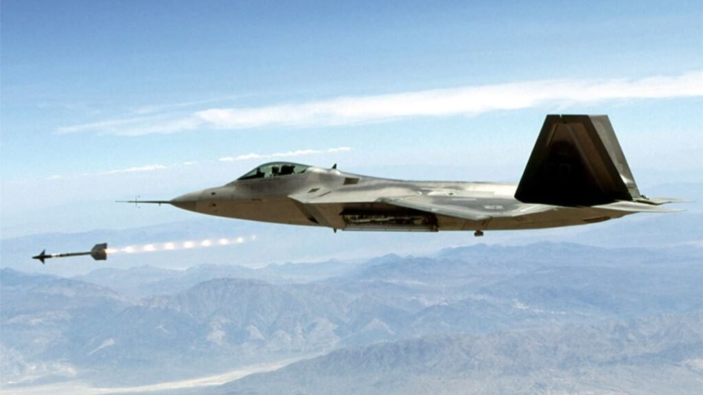 A U.S. Air Force F-22 Raptor launching an air-to-air missile