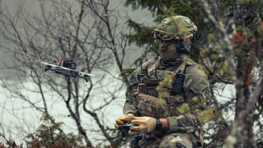 A soldier operates a first-person-view drone during the Adamant Serpent exercise in Alvdalen, Sweden, in October 2025.
