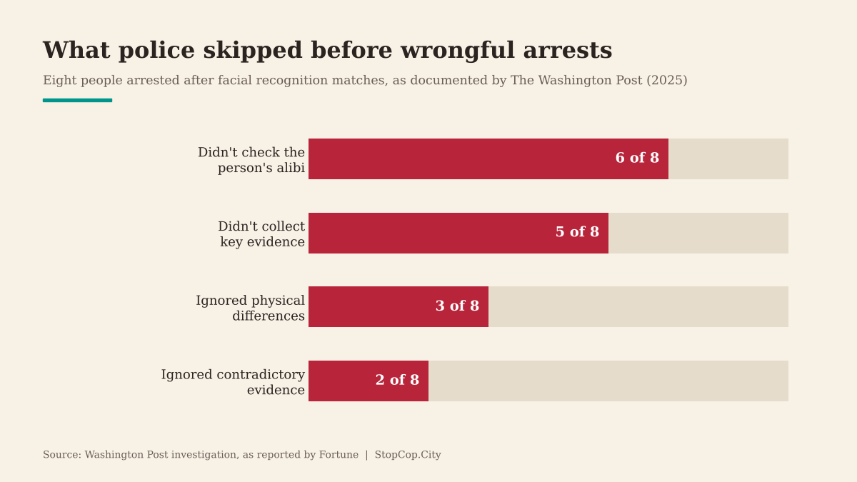 Bar chart of investigative steps police skipped in eight wrongful facial recognition arrests documented by The Washington Post