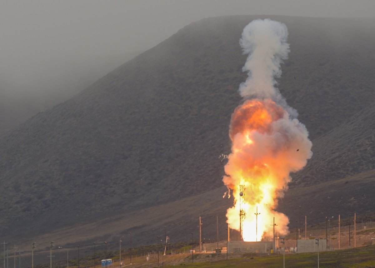 A Ground-based Interceptor launches from Vandenberg Space Force Base during a missile defense test