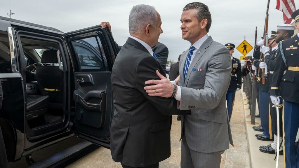 Pete Hegseth greets Benjamin Netanyahu at the Pentagon