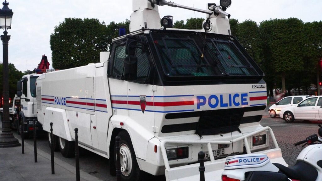 French National Police water cannon truck parked in Paris