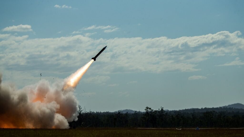 Soldiers with the 1st Battalion, 1st Air Defense Artillery Regiment fire a Patriot missile at a drone target during Exercise Talisman Sabre in Australia.