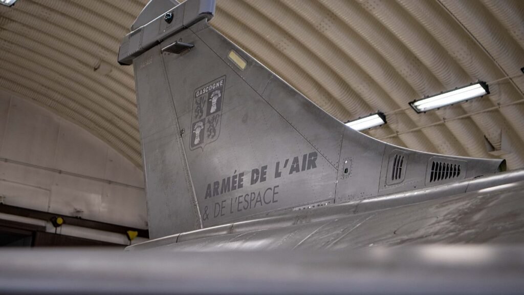 A French Air and Space Force Rafale B fighter parked at Spangdahlem Air Base in Germany
