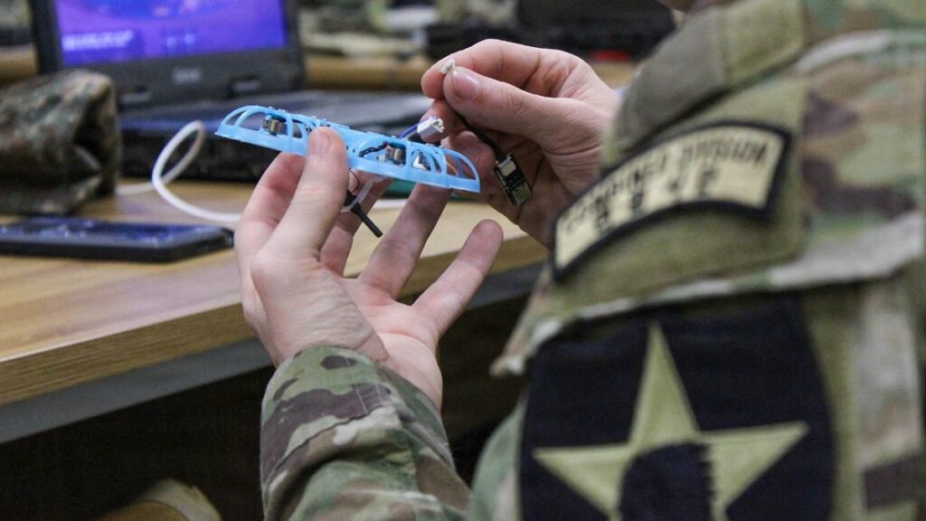 A soldier with the 2nd Infantry Division handles a first-person-view drone during a drone course at Camp Humphreys, South Korea.